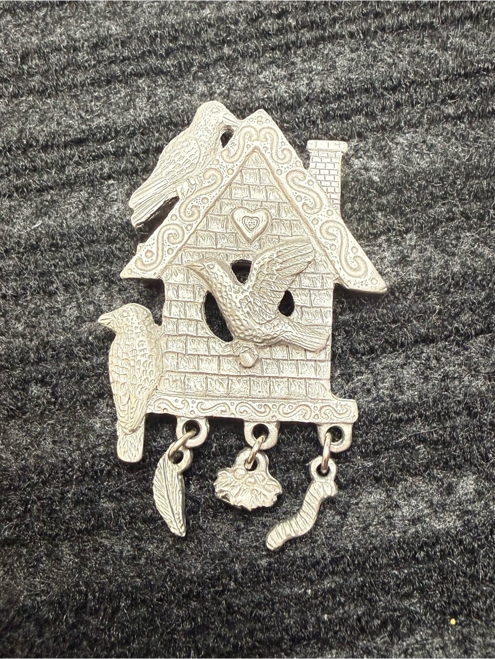 Silver Birdhouse Brooch Pin with Bird and Dangling Charms - Women Jewelry
